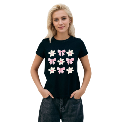 Adult Woman Summer Cute Bow Pink Flower Black T-shirt Costume