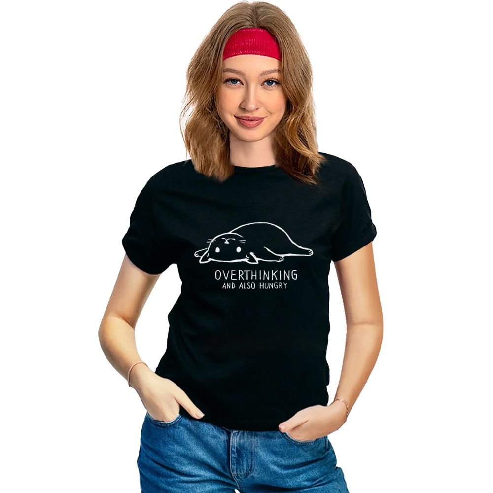 Adult UnisexOverthinking And Also Hungry Cat Pet Lover Black T-shirt