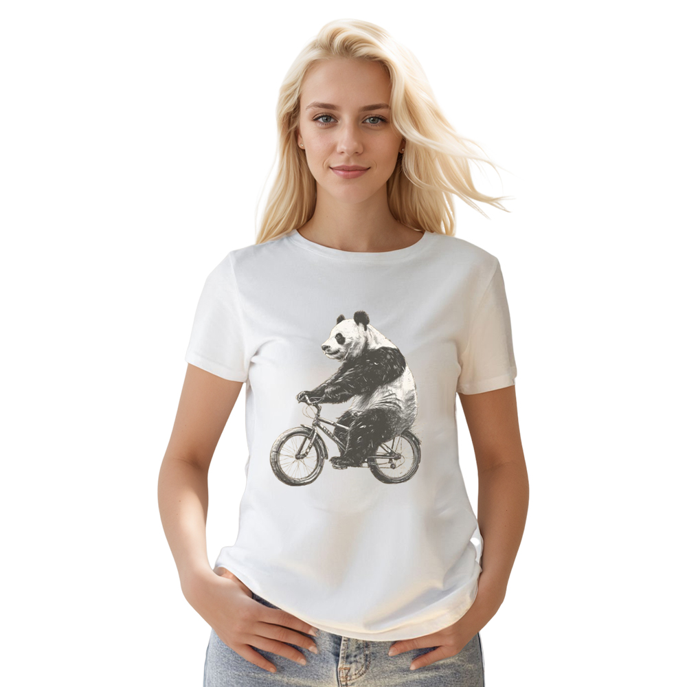 Adult Unisex Panda Riding Bike Wild Animals Nature Lover White T-shirt Costume