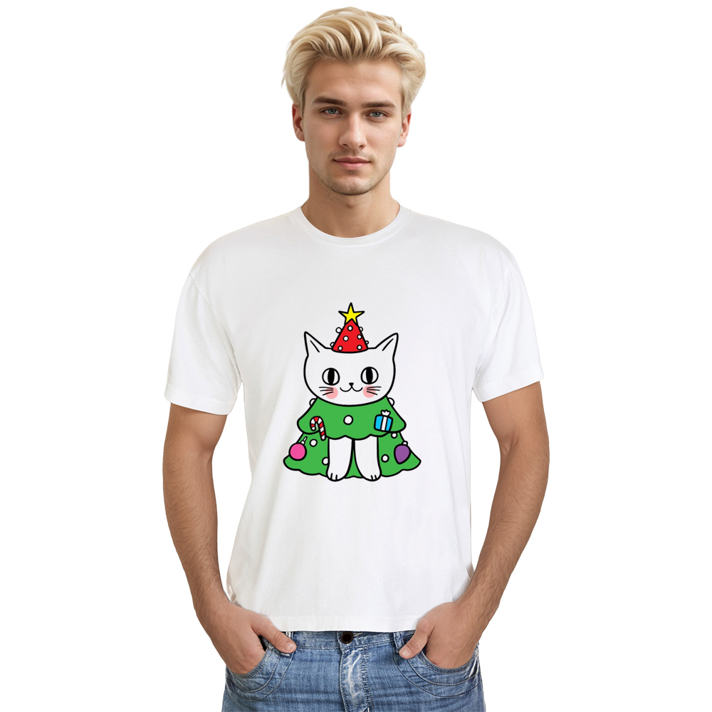 Adult Unisex Christmas Tree Cute Cat White Festival T-shirt