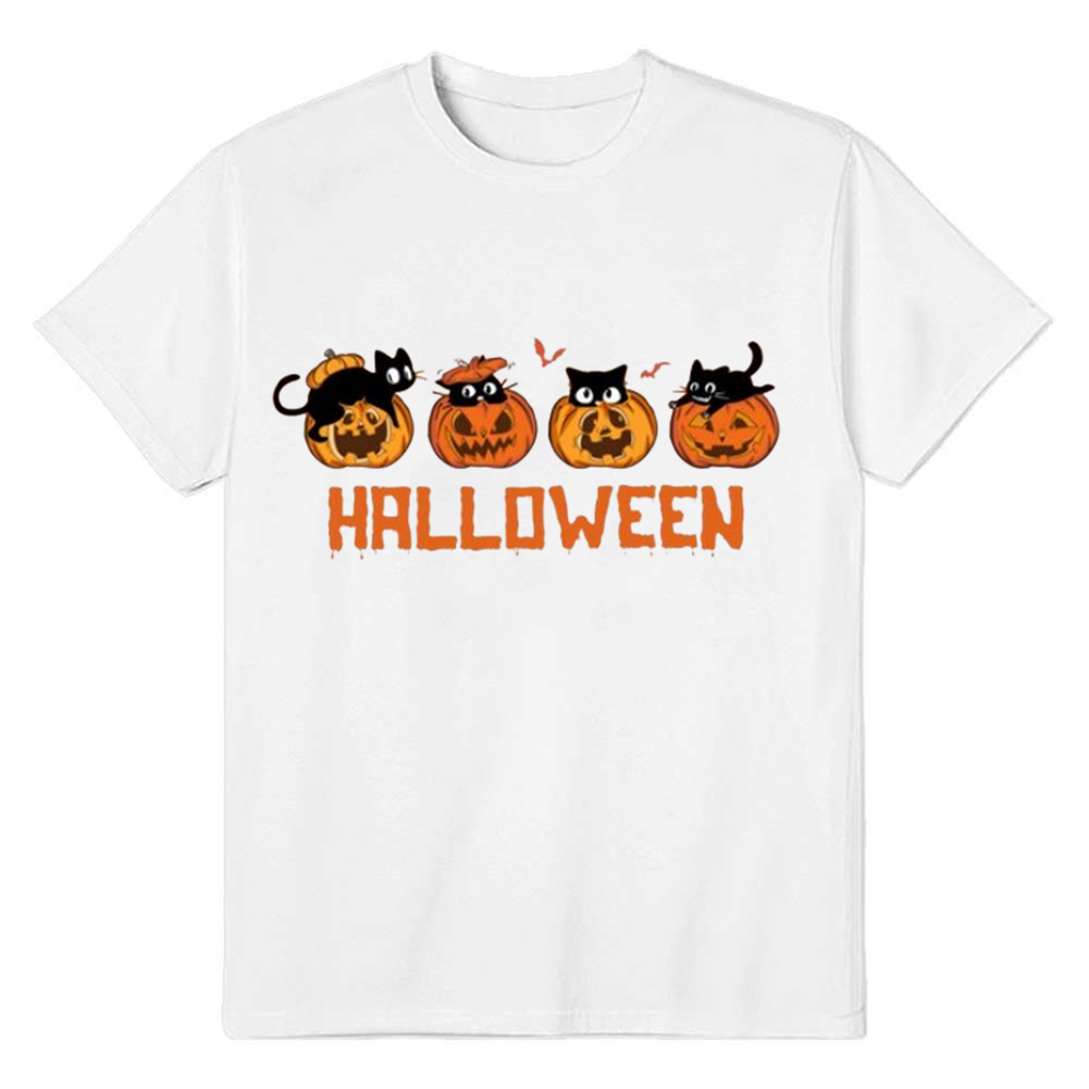 Adult Unisex Halloween Spooky Cat Pumpkin White T-shirt Costume
