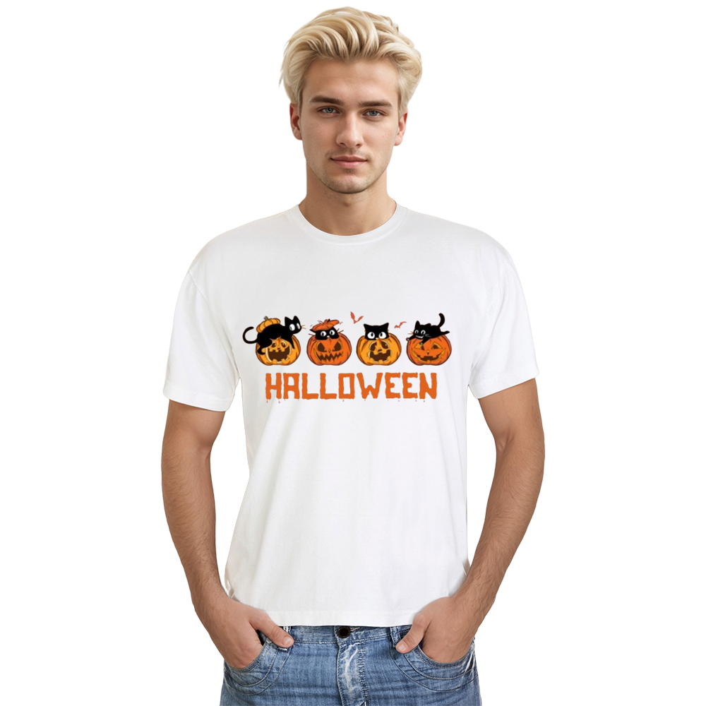 Adult Unisex Halloween Spooky Cat Pumpkin White T-shirt Costume