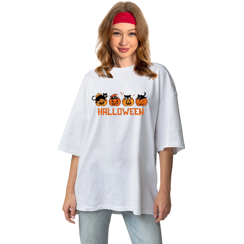 Adult Unisex Halloween Spooky Cat Pumpkin White T-shirt Costume