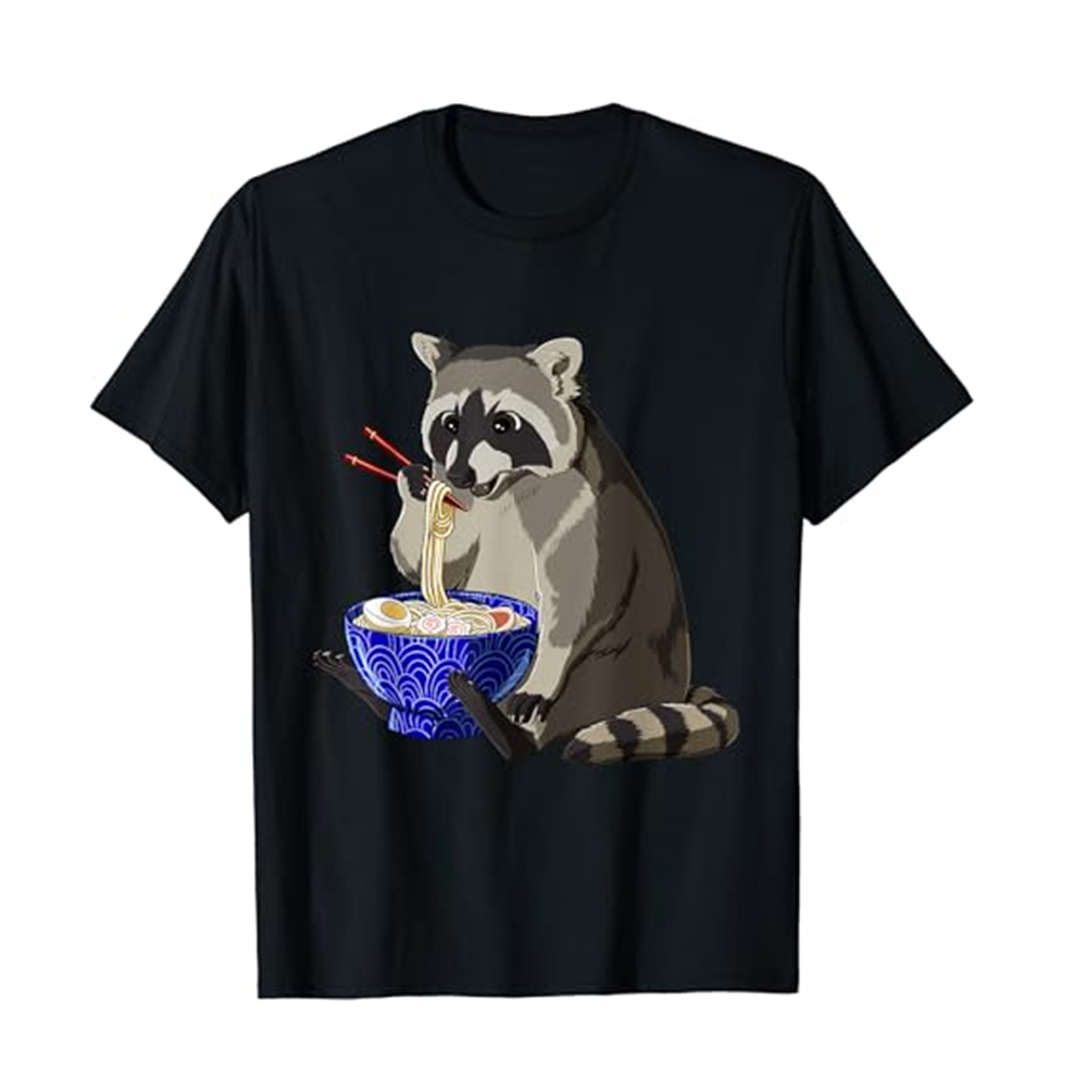 Adult Kawaii Noodles Ramen Bowl Funny Raccoon Black Short Sleeve T-shirt Outfits Top Costume