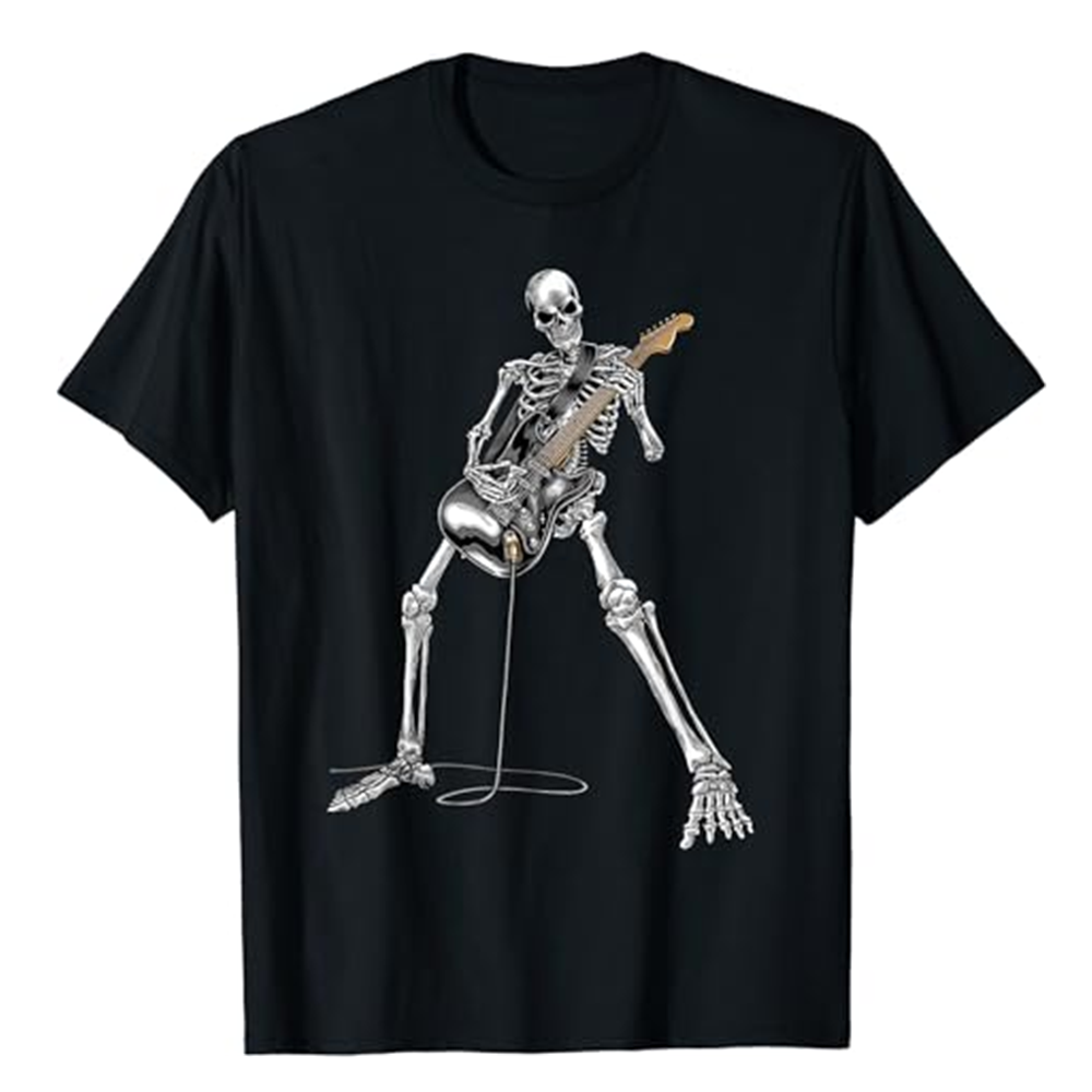 Adult Unisex Skeleton Playing Guitar Rock Band Music Festival Black T-shirt Costume