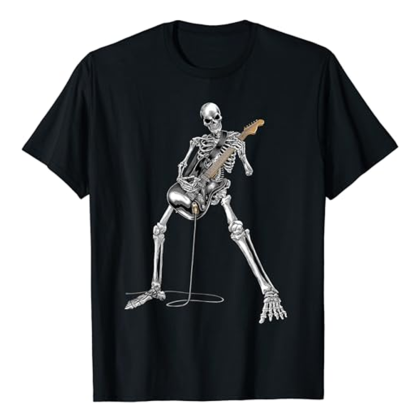 Adult Unisex Skeleton Playing Guitar Rock Band Music Festival Black T-shirt Costume