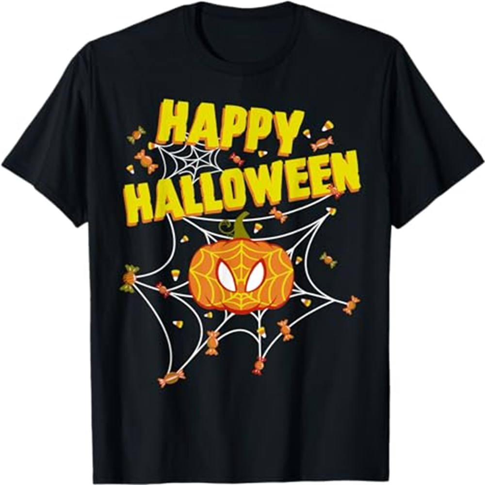 Adult Unisex Spider Pumpkin Happy Halloween Halloween Black T-shirt Costume