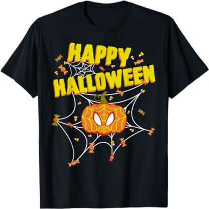 Adult Unisex Spider Pumpkin Happy Halloween Halloween Black T-shirt Costume