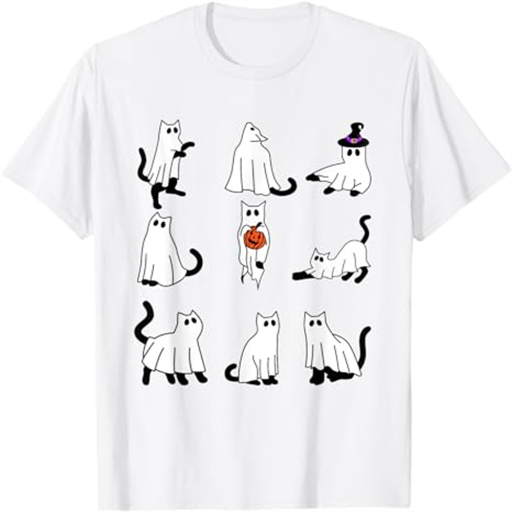 Adult Unisex Cute Ghost Cat Funny Halloween White T-shirt Costume