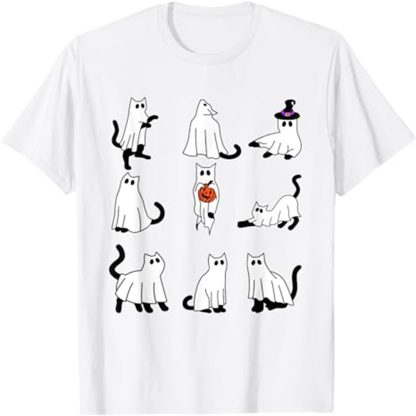 Adult Unisex Cute Ghost Cat Funny Halloween White T-shirt Costume