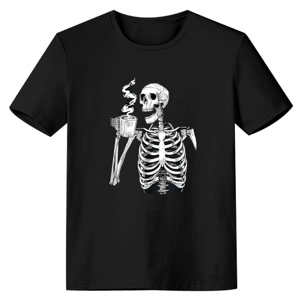 Adult Unisex Skeleton Drinking Coffee Funny Horror Skull Halloween Black T-shirt Costume