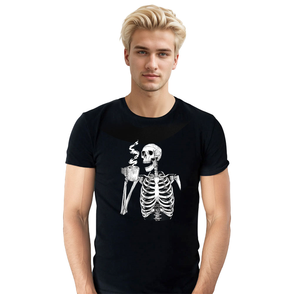 Adult Unisex Skeleton Drinking Coffee Funny Horror Skull Halloween Black T-shirt Costume