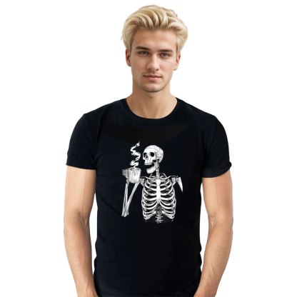 Adult Unisex Skeleton Drinking Coffee Funny Horror Skull Halloween Black T-shirt Costume
