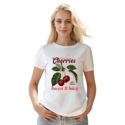 Retro Cherries Graphic Adult Unisex Fruit Lover White T-shirt