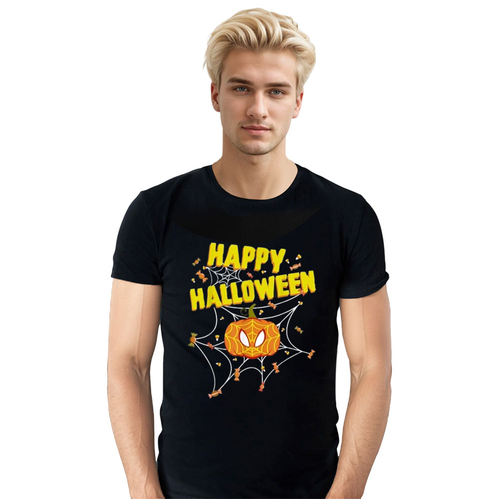 Adult Unisex Spider Pumpkin Happy Halloween Halloween Black T-shirt Costume