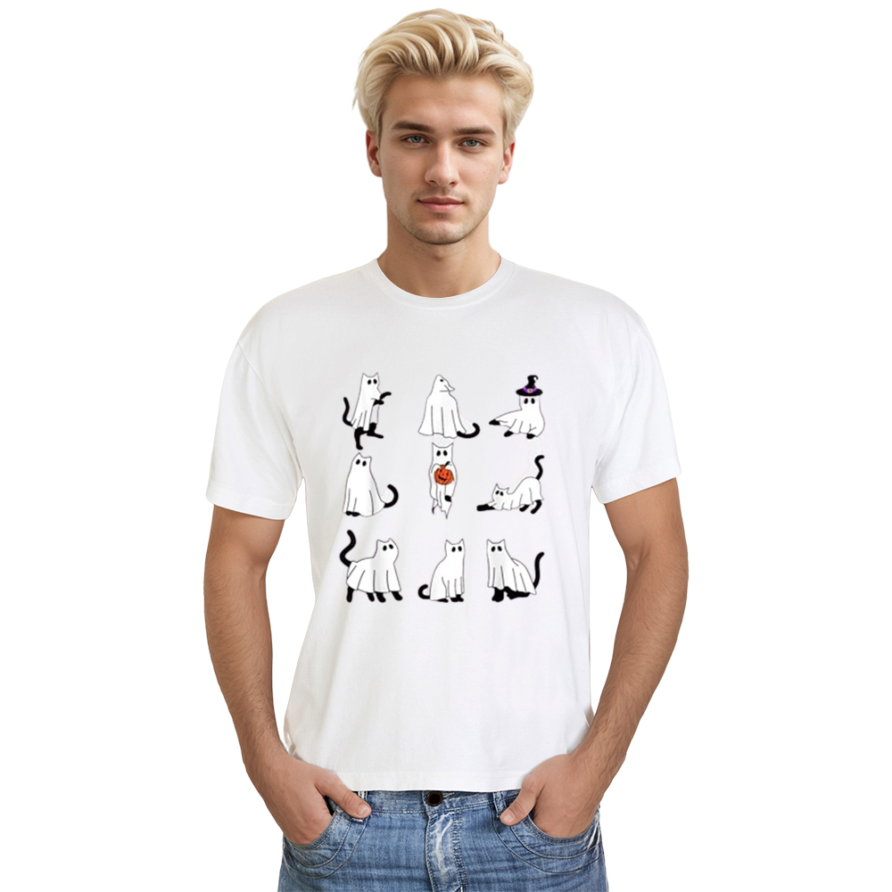 Adult Unisex Cute Ghost Cat Funny Halloween White T-shirt Costume