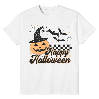 Adult Unisex Happy Halloween Pumpkin Bat White T-shirt Costume