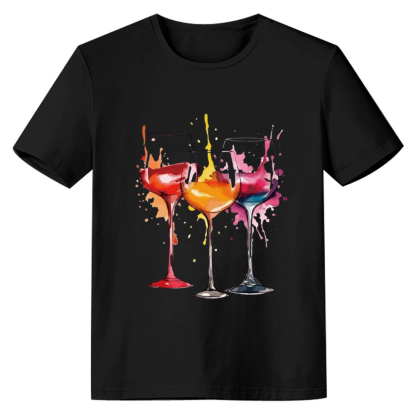 Adult Women Wine Glass And Goblet Print Tee Black T-shirt Costume