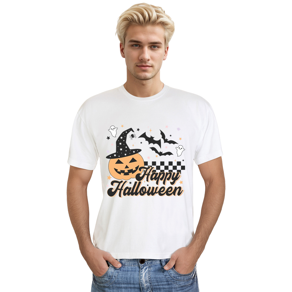 Adult Unisex Happy Halloween Pumpkin Bat White T-shirt Costume