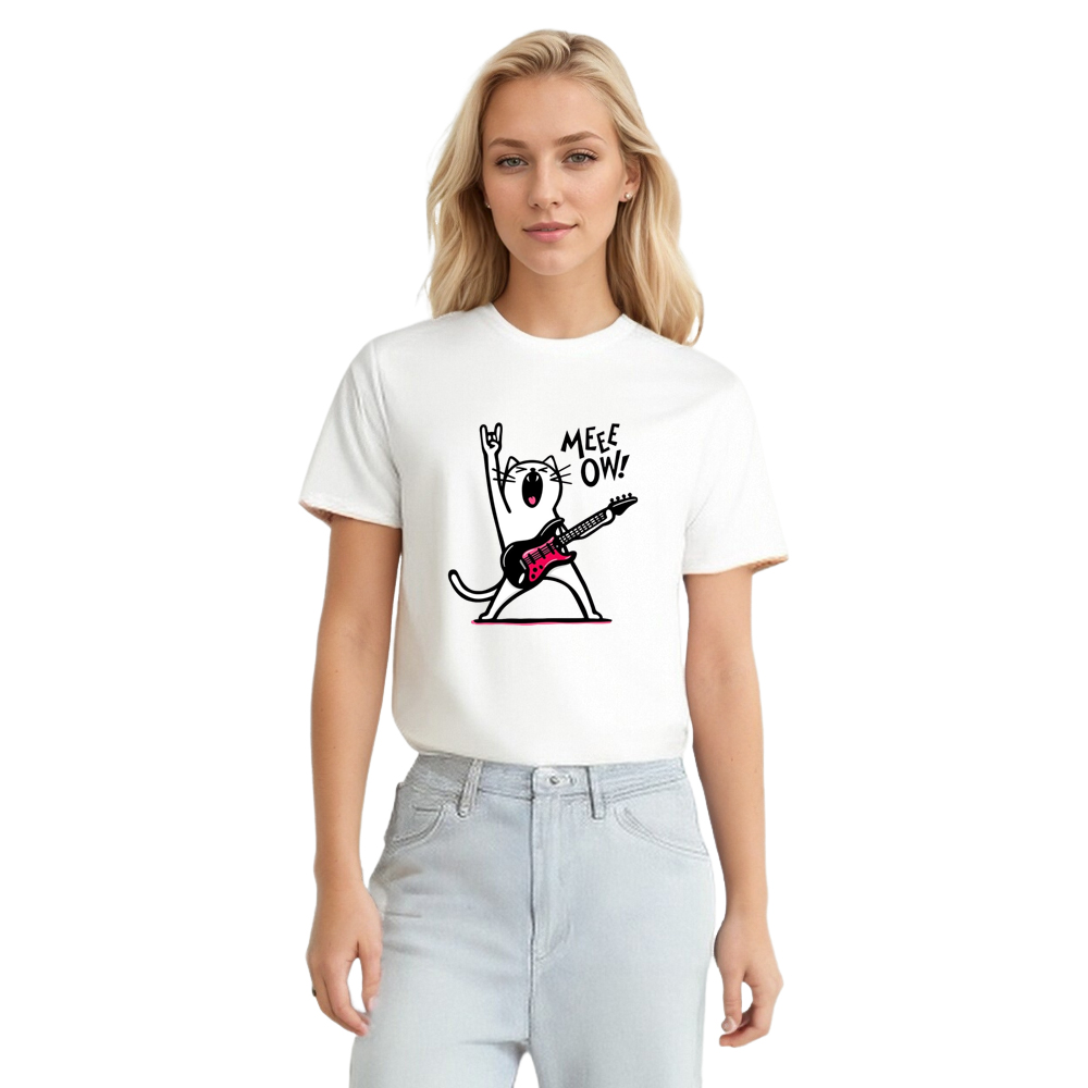 Adult Unisex Rockstar Cat Funny Pet Lover White T-shirt