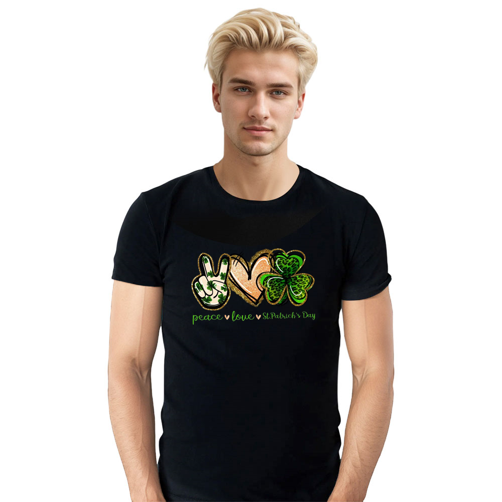 Adult Unisex Peace Love St. Patrick's Day Black T-shirt