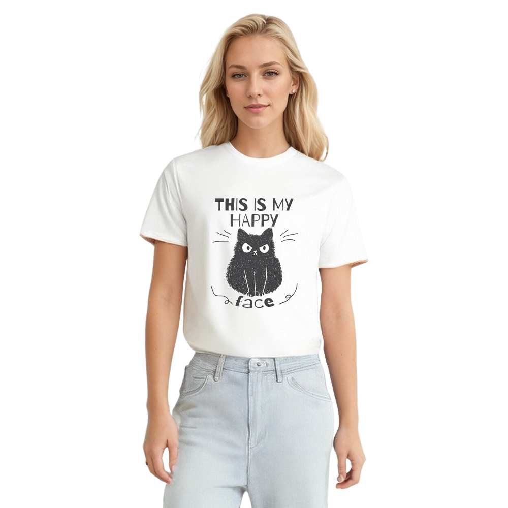 Adult Unisex This Is My Happy Face Funny Cats Mood Emotion White T-shirt Costume