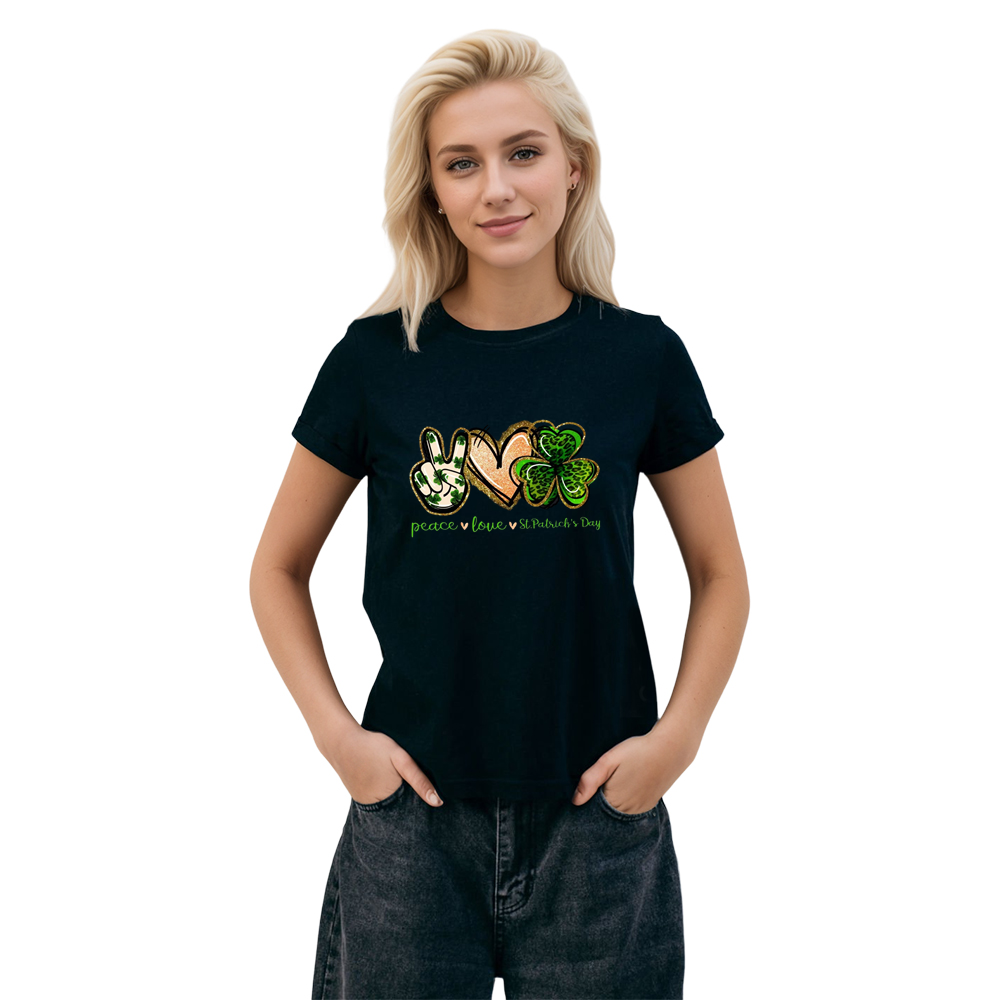 Adult Unisex Peace Love St. Patrick's Day Black T-shirt