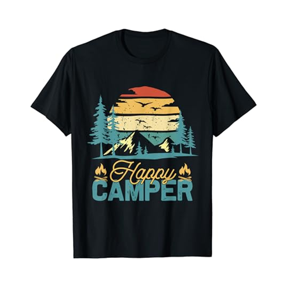 Adult Happy Camper Retro Vintage Funny Matching Camping Crew Black Short Sleeve T-shirt Outfits Top Costume