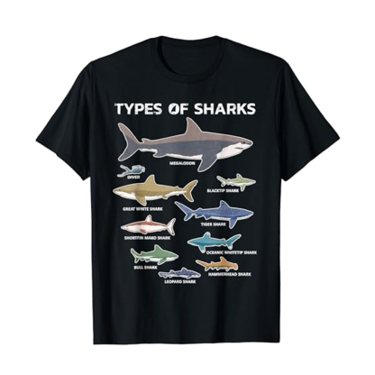 Adult 9 Types Of Sharks T-Shirt Educational Colorful Ocean Black Short Sleeve T-shirt Outfits Top Costume