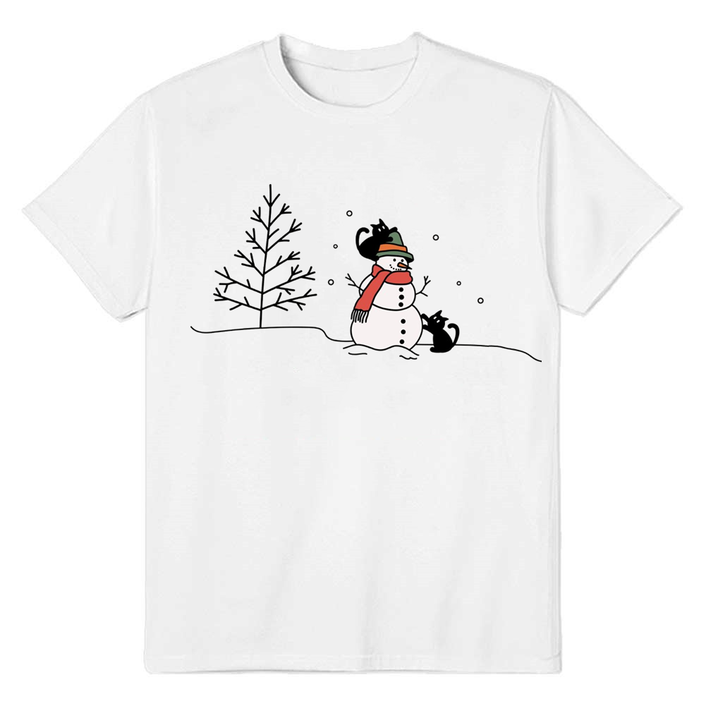 Adult Unisex Christmas Snowman Cat Xmas White Festival T-shirt