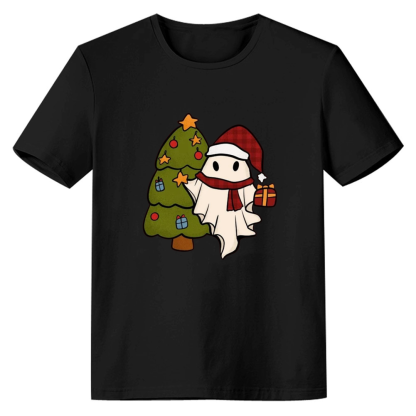 Adult Unisex Christmas Ghost Happy Christmas Santa Black T-shirt