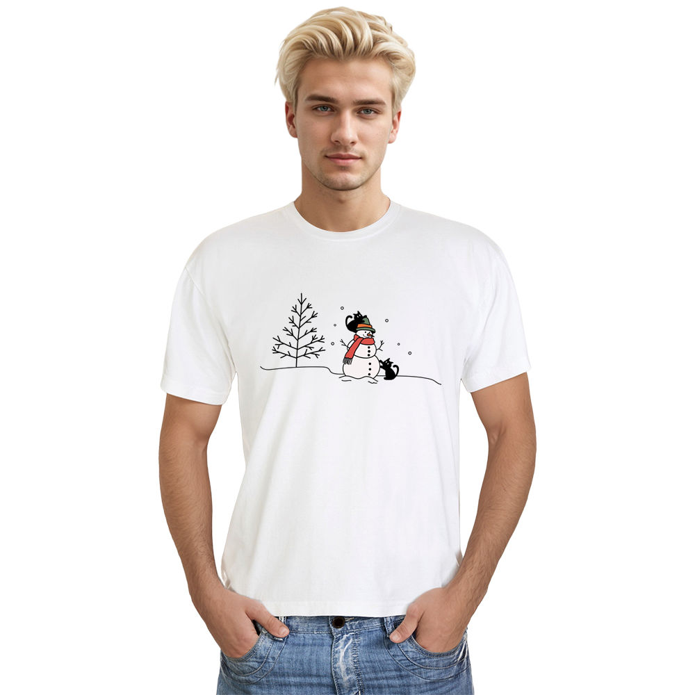 Adult Unisex Christmas Snowman Cat Xmas White Festival T-shirt