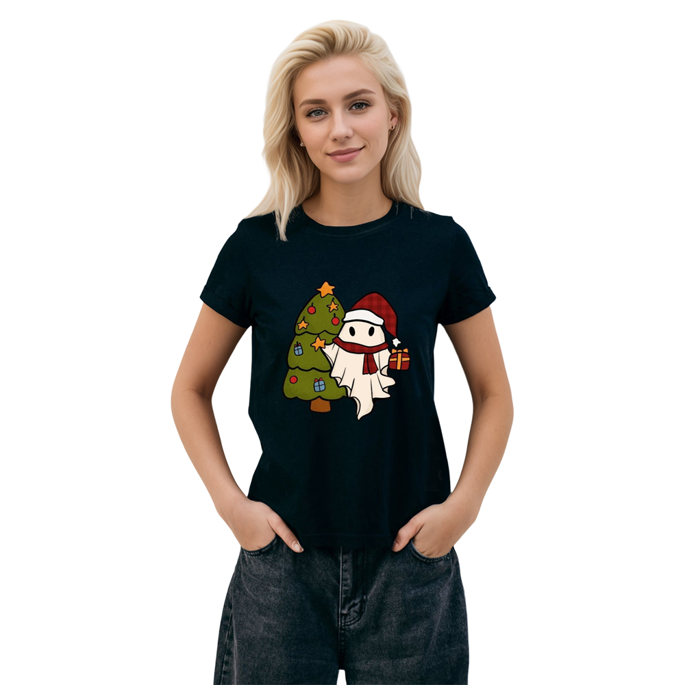 Adult Unisex Christmas Ghost Happy Christmas Santa Black T-shirt