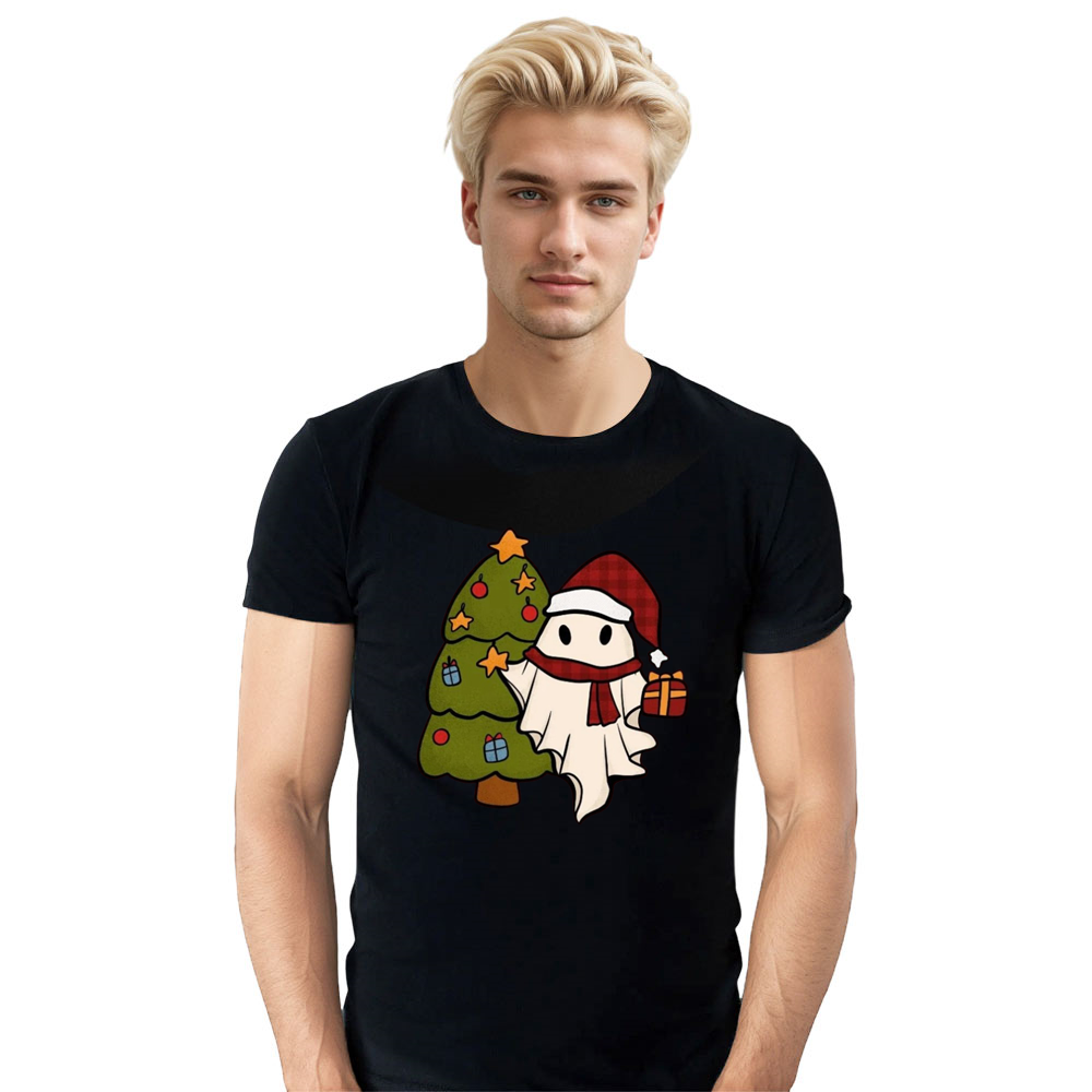 Adult Unisex Christmas Ghost Happy Christmas Santa Black T-shirt