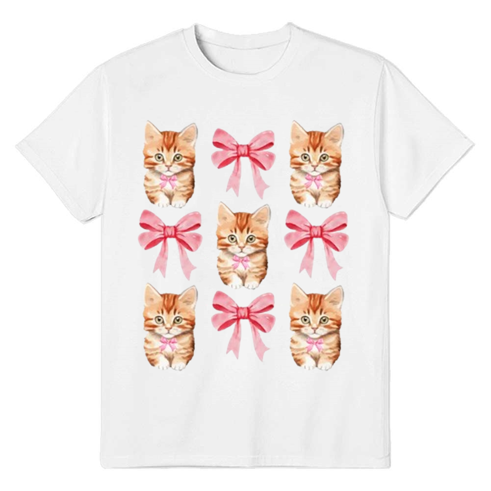 Adult Woman Summer Cute Bow Cat White T-shirt Costume