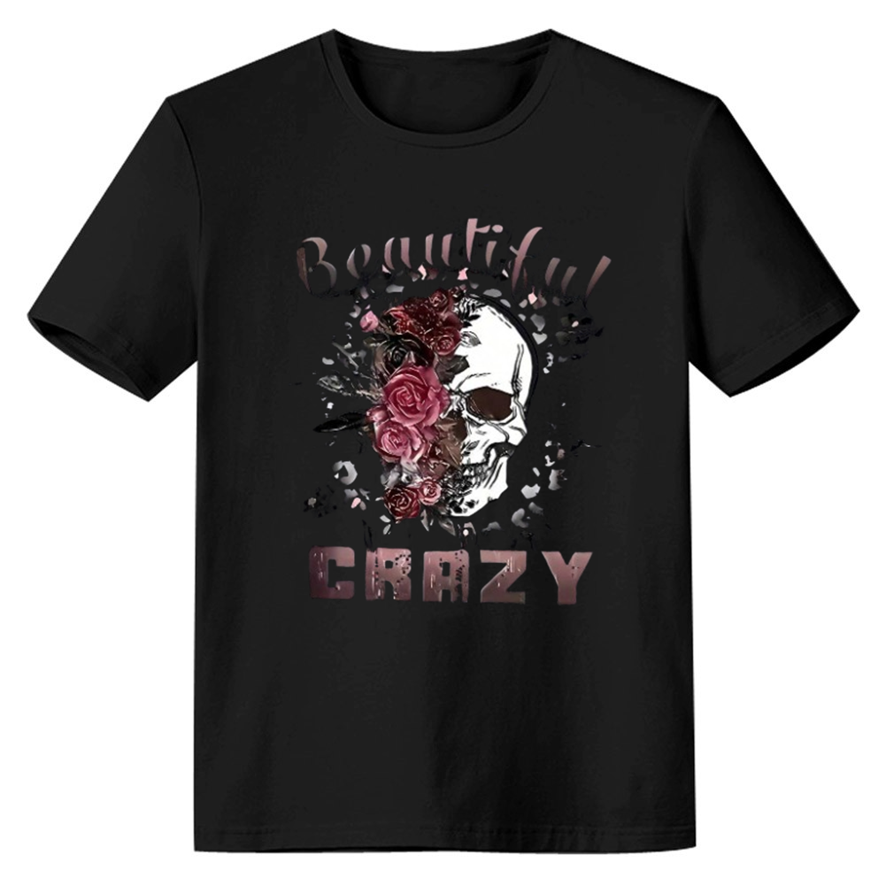 Adult Women's Letters Skull Printed Short Sleeve Black T-shirt Costume