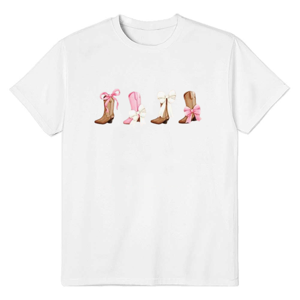 Adult Women Summer Boot Bowknot Printed Fashionable  White T-shirt Costume