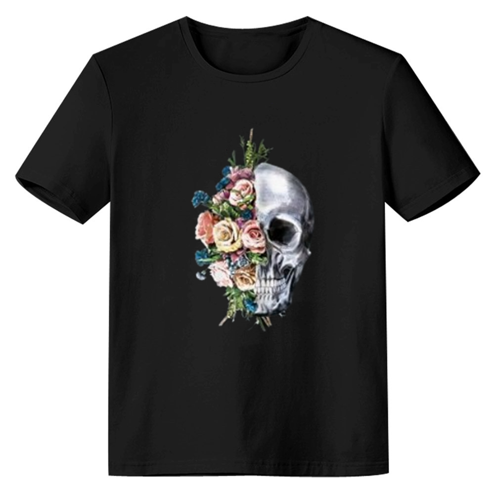 Adult Unisex Flower Skull Horror Skull Halloween Black T-shirt Costume