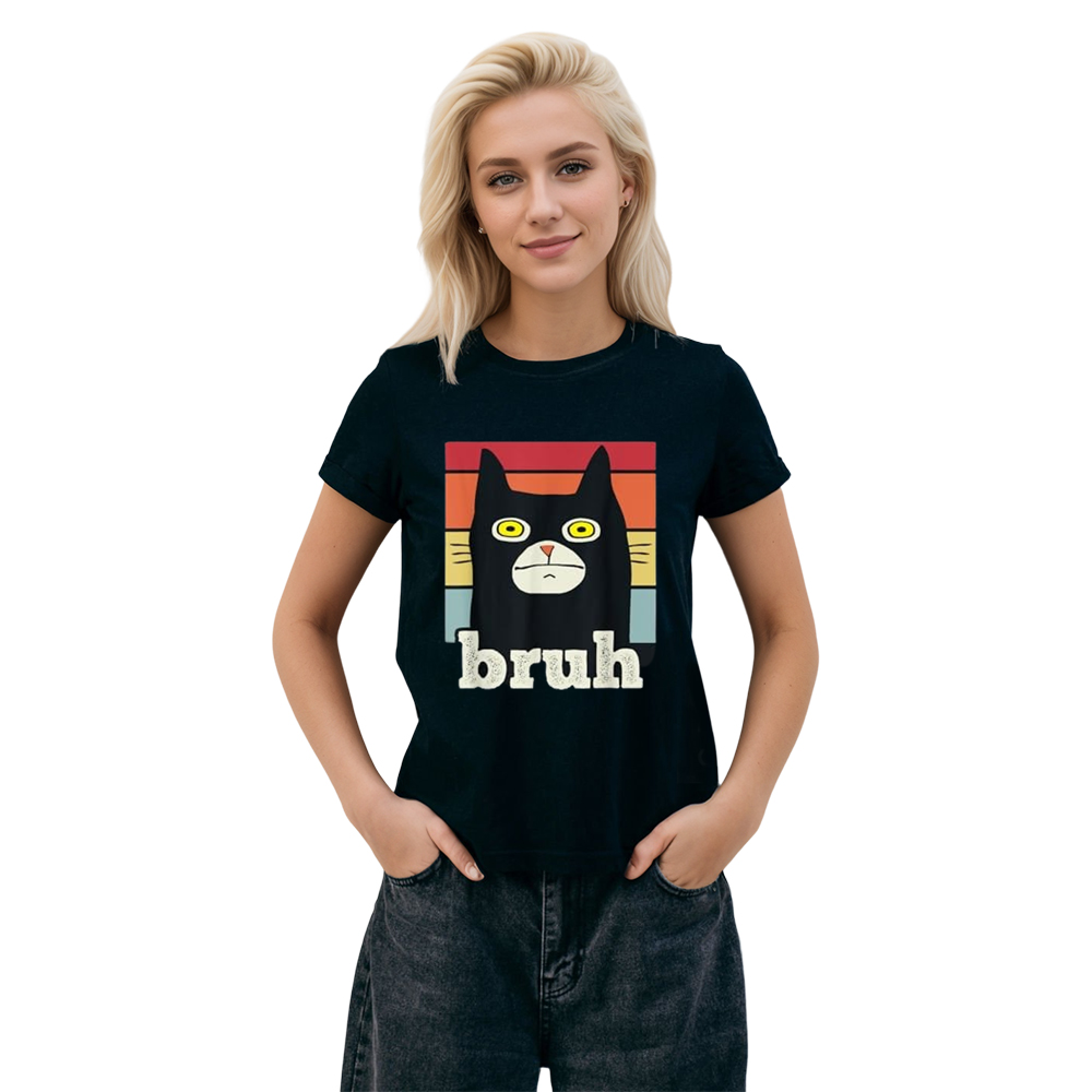 Adult Unisex Funny Meme Saying Bruh With Cat Greetings Funny Black T-shirt Costume
