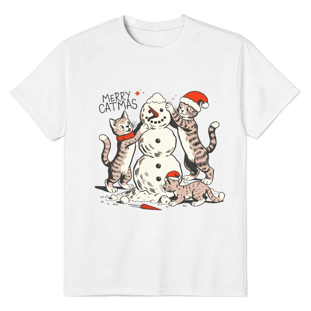 Adult Unisex Christmas Cats Tshirt Pet Lover White T-shirt