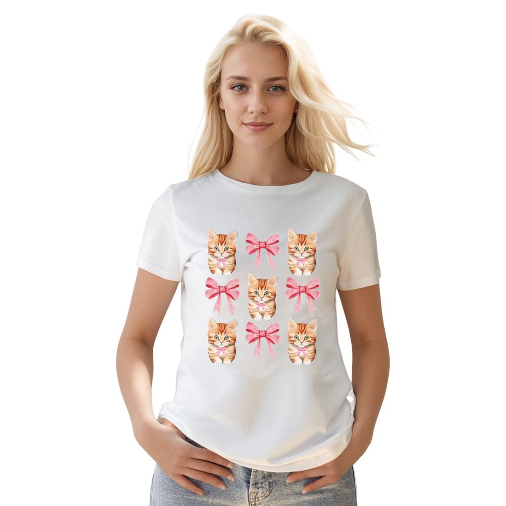Adult Woman Summer Cute Bow Cat White T-shirt Costume