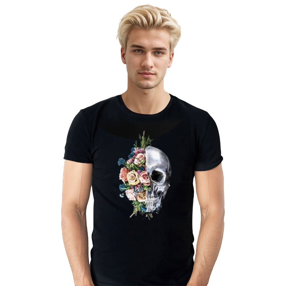 Adult Unisex Flower Skull Horror Skull Halloween Black T-shirt Costume