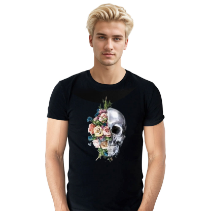 Adult Unisex Flower Skull Horror Skull Halloween Black T-shirt Costume
