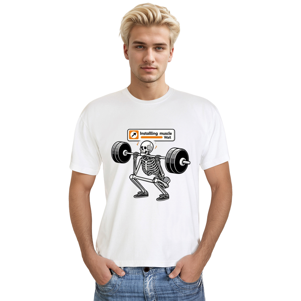 Adult Unisex Funny Gym Work Installing Muscle Skeleton White T-shirt Costume