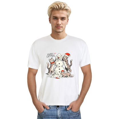 Adult Unisex Christmas Cats Tshirt Pet Lover White T-shirt