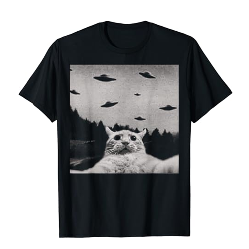 Adult Alien Cat UFO Black Short Sleeve T-shirt Outfits Top Costume