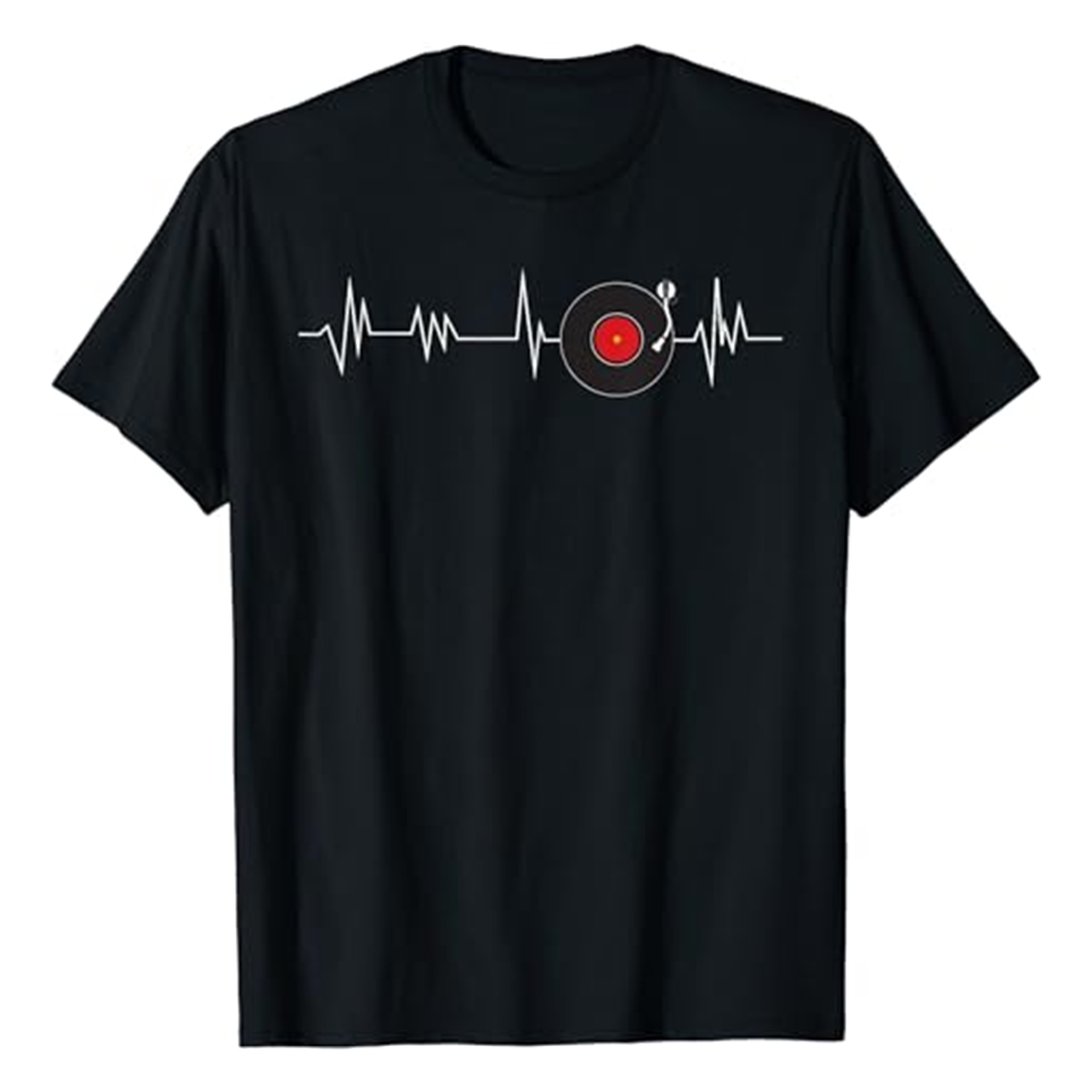 Adult Unisex Vinyl Record Heartbeat Retro Music Festival Black T-shirt Costume