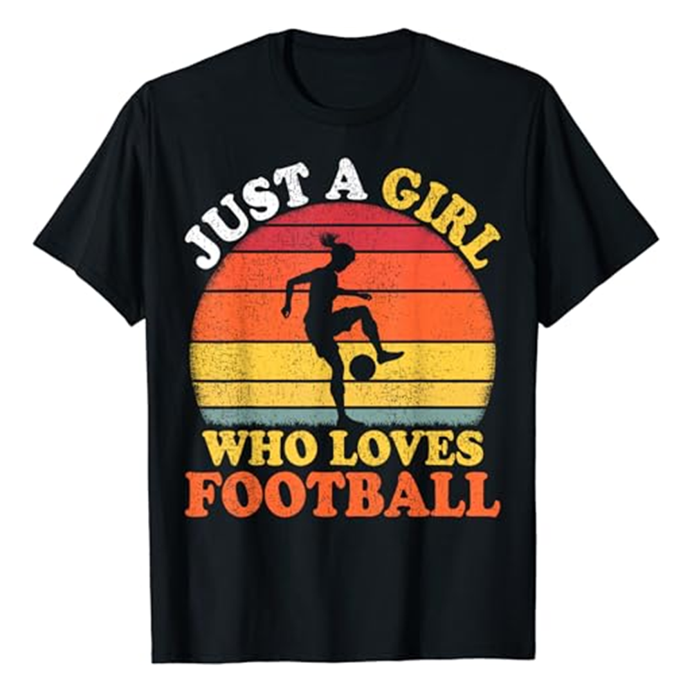 Adult Unisex Football Player Vintage A Girl Loves Football Black T-shirt Costume