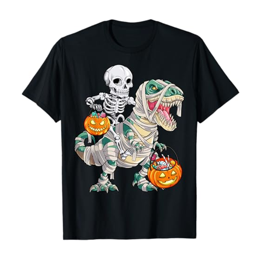 Adult Unisex Skeleton Riding Mummy Dinosaur Funny Halloween Black T-shirt Costume