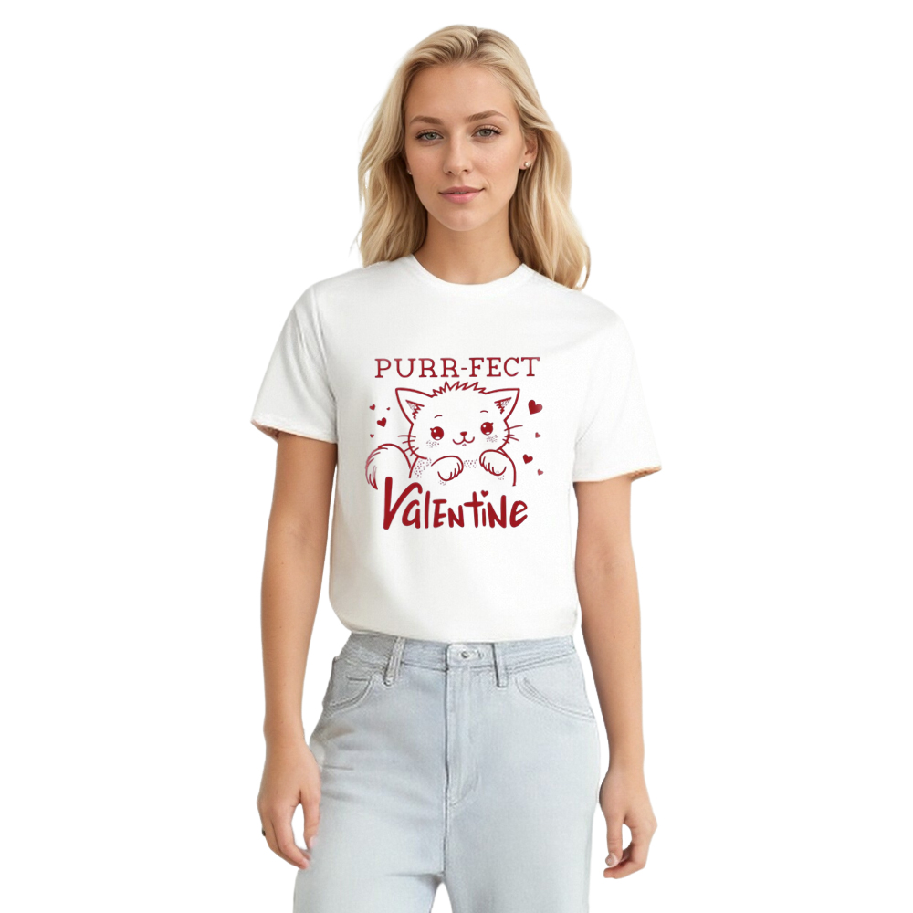 Cute Cat Valentine Adult Unisex White T-shirt